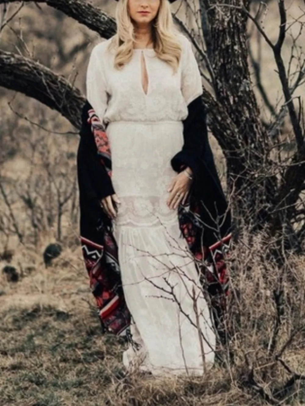 NWT Chelsea & Violet Ivory Embroidered Mesh Semi-Sheer Long Sleeve Maxi Dress - Picture 4 of 16